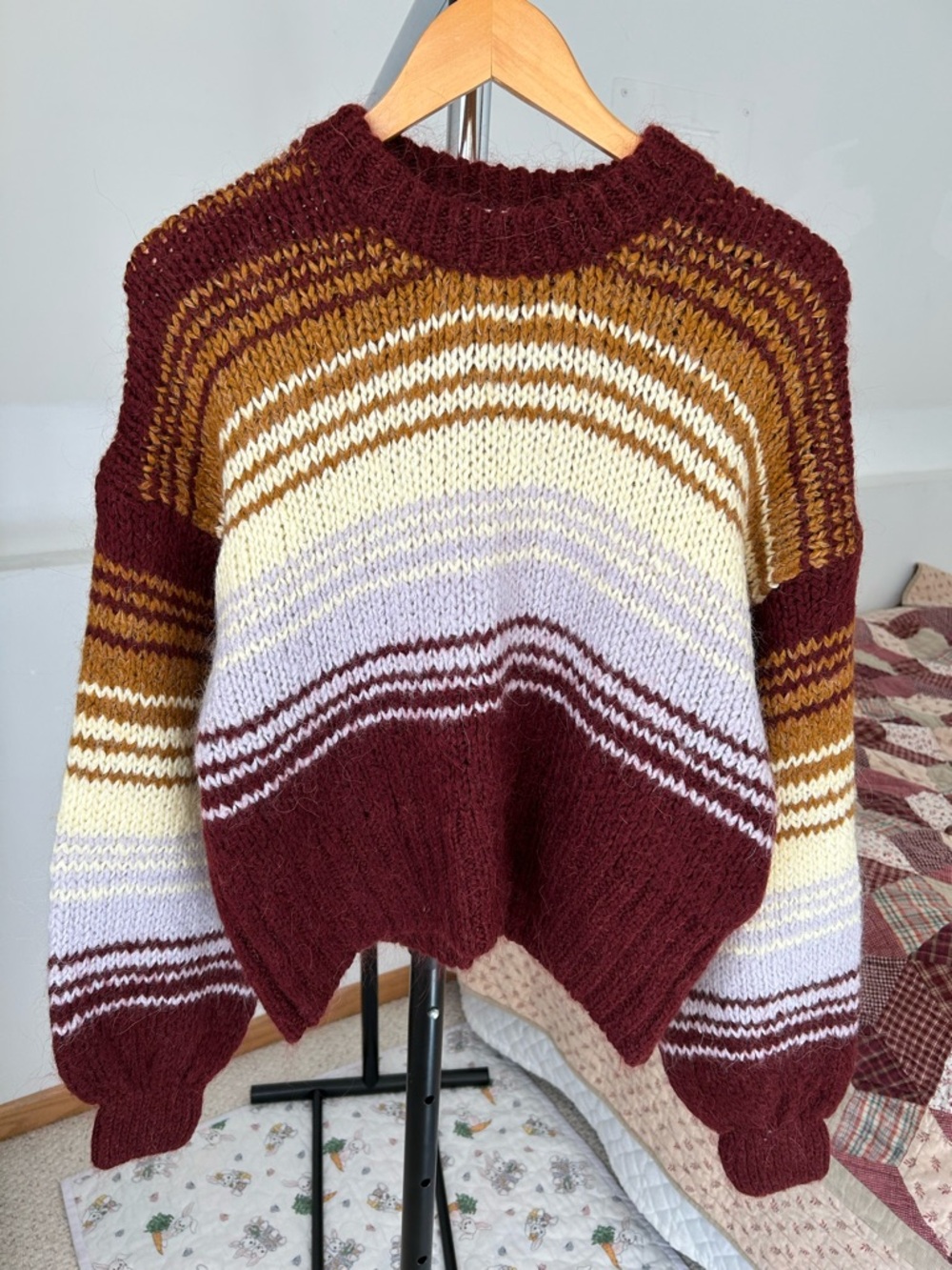 Zara Chunky Knit Balloon Sleeve Striped Pullover Sweater